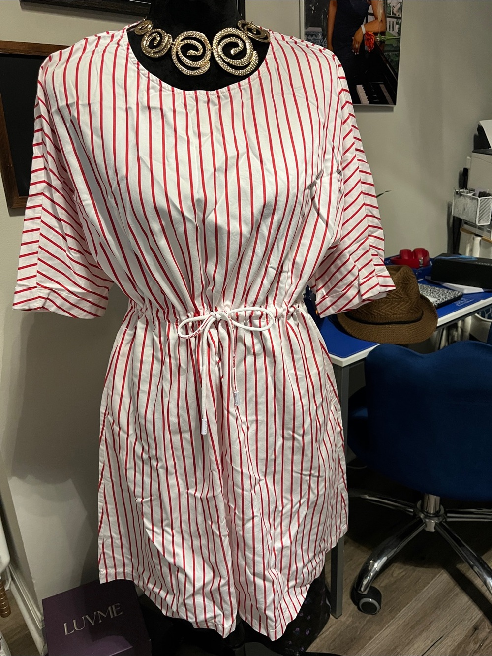 Women’s White and Red Striped Midi Dress with Tie Waist